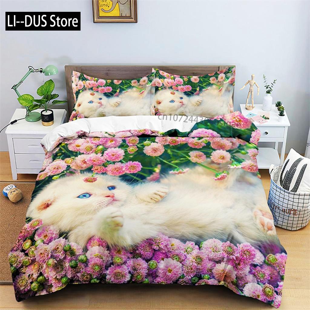 

Підодіяльник із 3D-принтом «Кот» Квітковий набір постільної білизни для дітей, дівчаток, хлопчиків, розкішний декор кімнати з мікрофібри, кумедні тварини. EU single(135x200cm)