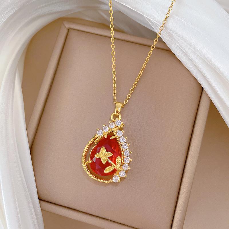 Antique Water Drop Full Diamond Fashion Light Luxury Temperament Gorgeous Full Diamond Necklace Female Versatile Collarbone Chain Titanium Steel