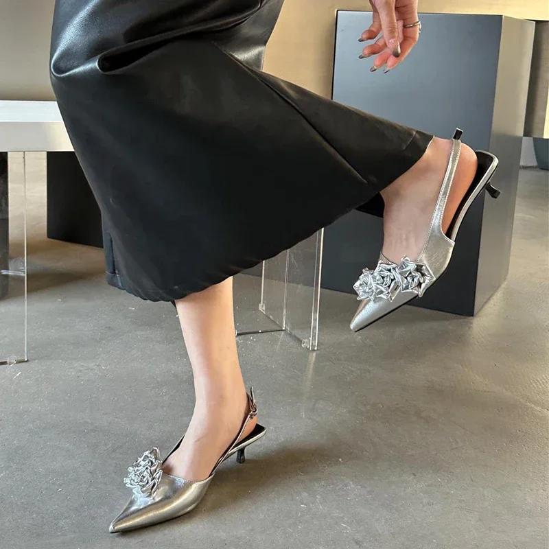 Romantické boční růžové květinové sandály s rolákovým podpatkem, dámské elegantní špičaté boty s kotěcím podpatkem, džínové jehlové boty, dámské ležérní párty boty