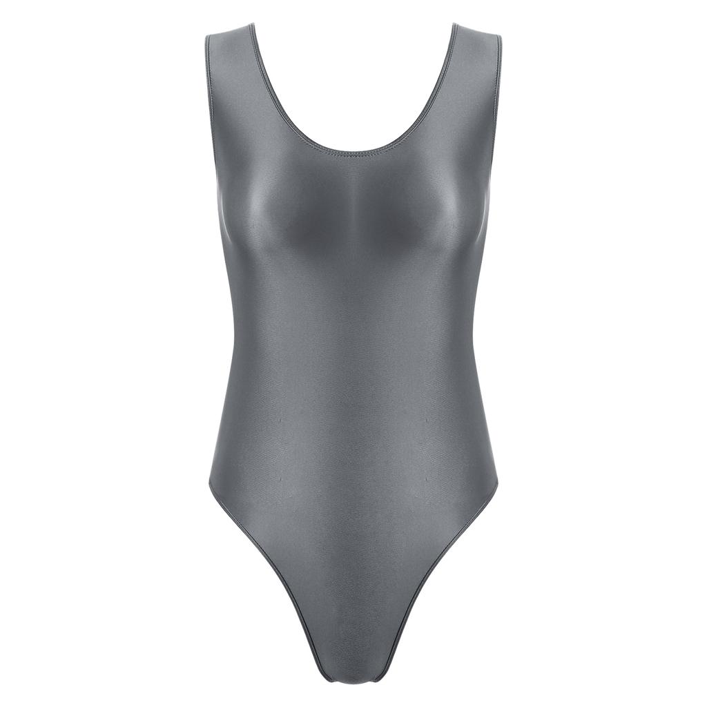 Womens Backless Glossy Bodysuit High Cut Swimwear Sleeveless Leotard for Pool Yoga Sports