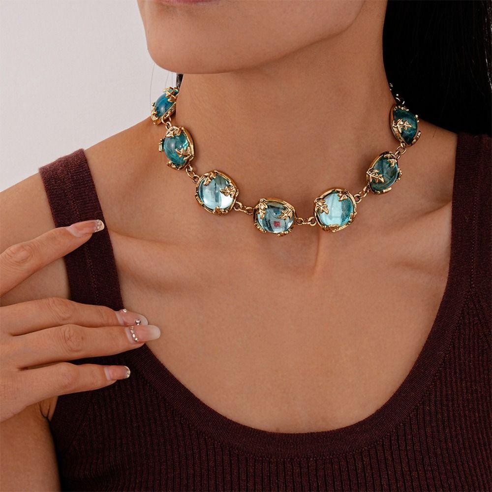 Fashion Bracelet Light Luxury Clavicle Chain Minimalism Blue Necklace Earring  Women