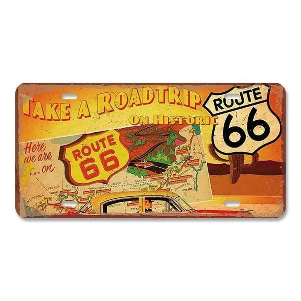 Route 66 License Plate for Wall Art Decoration Metal Tin Signs Vintage Tags Metal Automotive Signs For Cafe Bar Club Garage Pubs