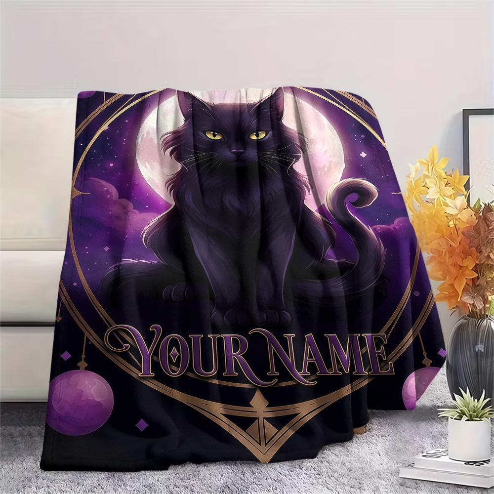 1PC Custom Name Black Cat Majesty Patterned Flannel Blanket Suitable For All Seasons for Home Decor Warmth and Comfort Gifts Holiday Present_lx