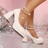 Fashion Punk Goth Green High Heels Pumps for Women Chunky Heel Patent Leather Dress Party Shoes Woman Pearl Ankle Strap Mary Jane Pumps