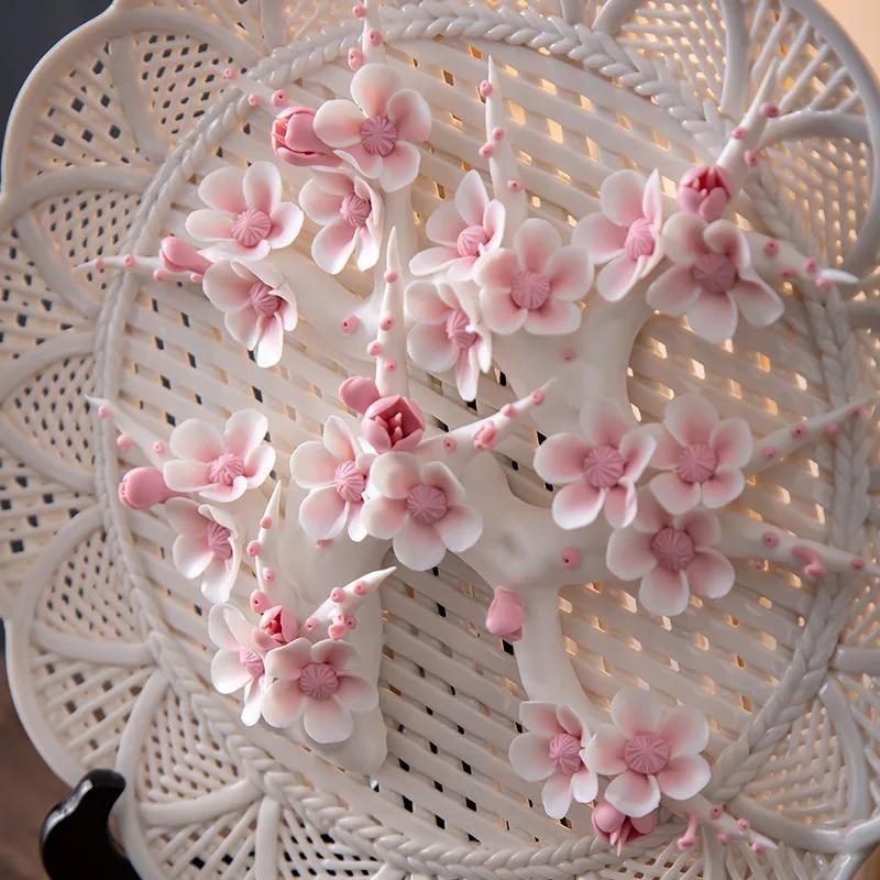 Pure Handmade HomeDecor Ceramic Art Hanging Plate Peony Flower Plate Chinese Craft Gift Creative LivingRoom Decoration Ornaments