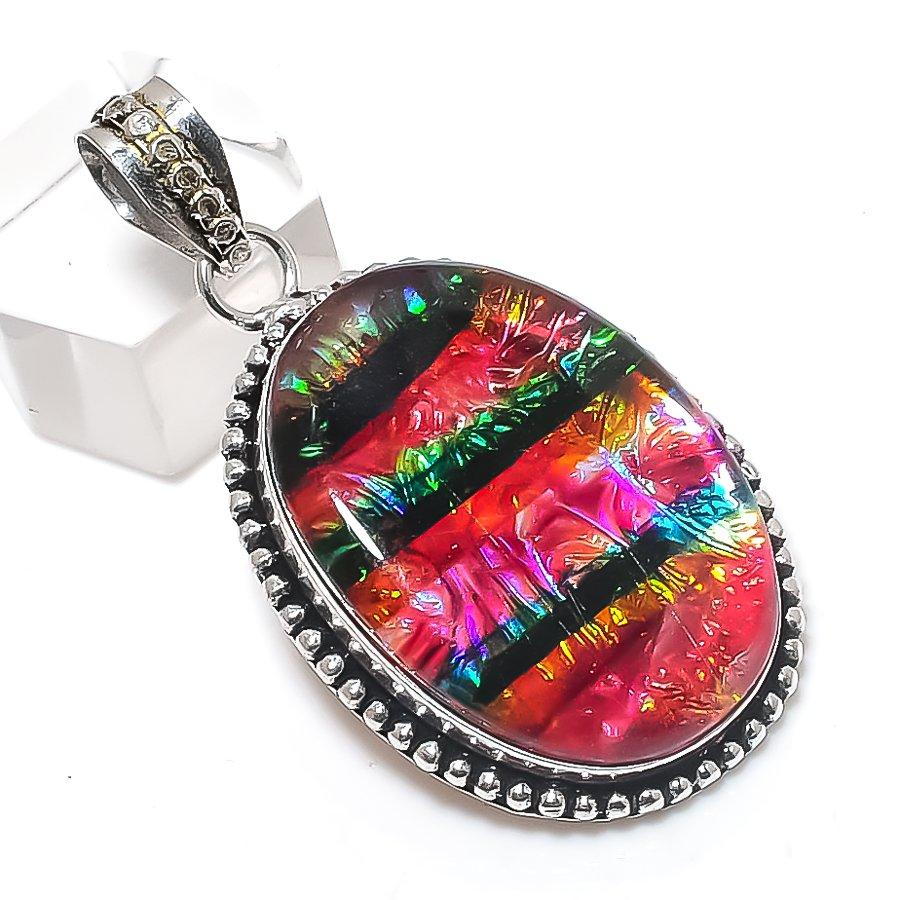 Dichroic Glass Gemstone 925 Sterling Silver Jewelry Pendant 1.97"