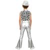 Boys Disco Metallic Glossy Sleeveless Print Patchwork Long Flare Pants Jumpsuit Sequins Fedora Hat
