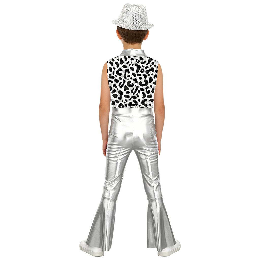 Boys Disco Metallic Glossy Sleeveless Print Patchwork Long Flare Pants Jumpsuit Sequins Fedora Hat