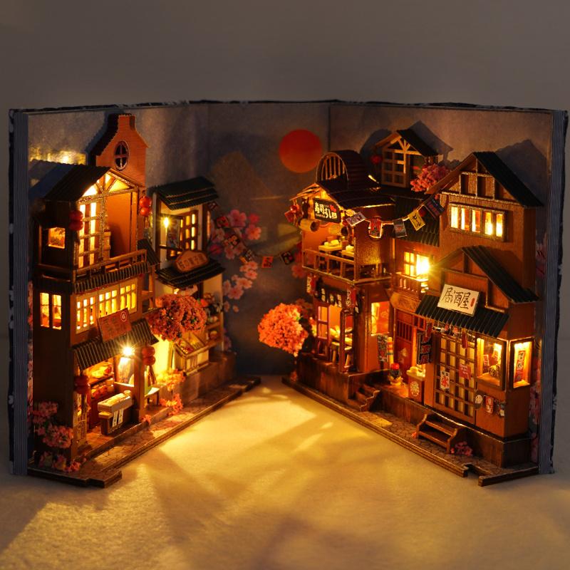 

Japanese Retro DIY Wooden Book Nook Shelf Insert Miniature Building Kits Sakura Alley Bookshelf Decoration Adult Handmade Gifts