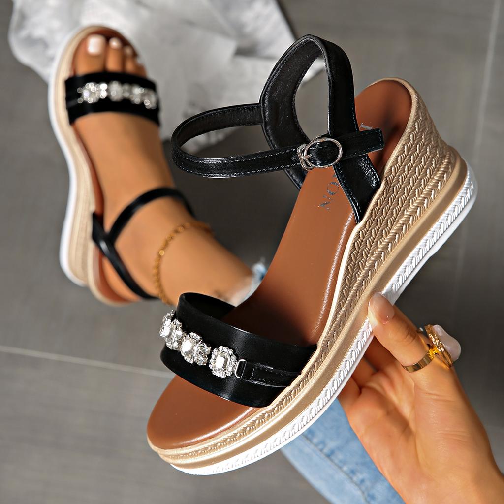 Shiny Large Crystal Chain Wedges Sandals for Women Fashion Ankle Buckle Chunky Platform Shoes Summer Thick Sole Non Slip Shoes