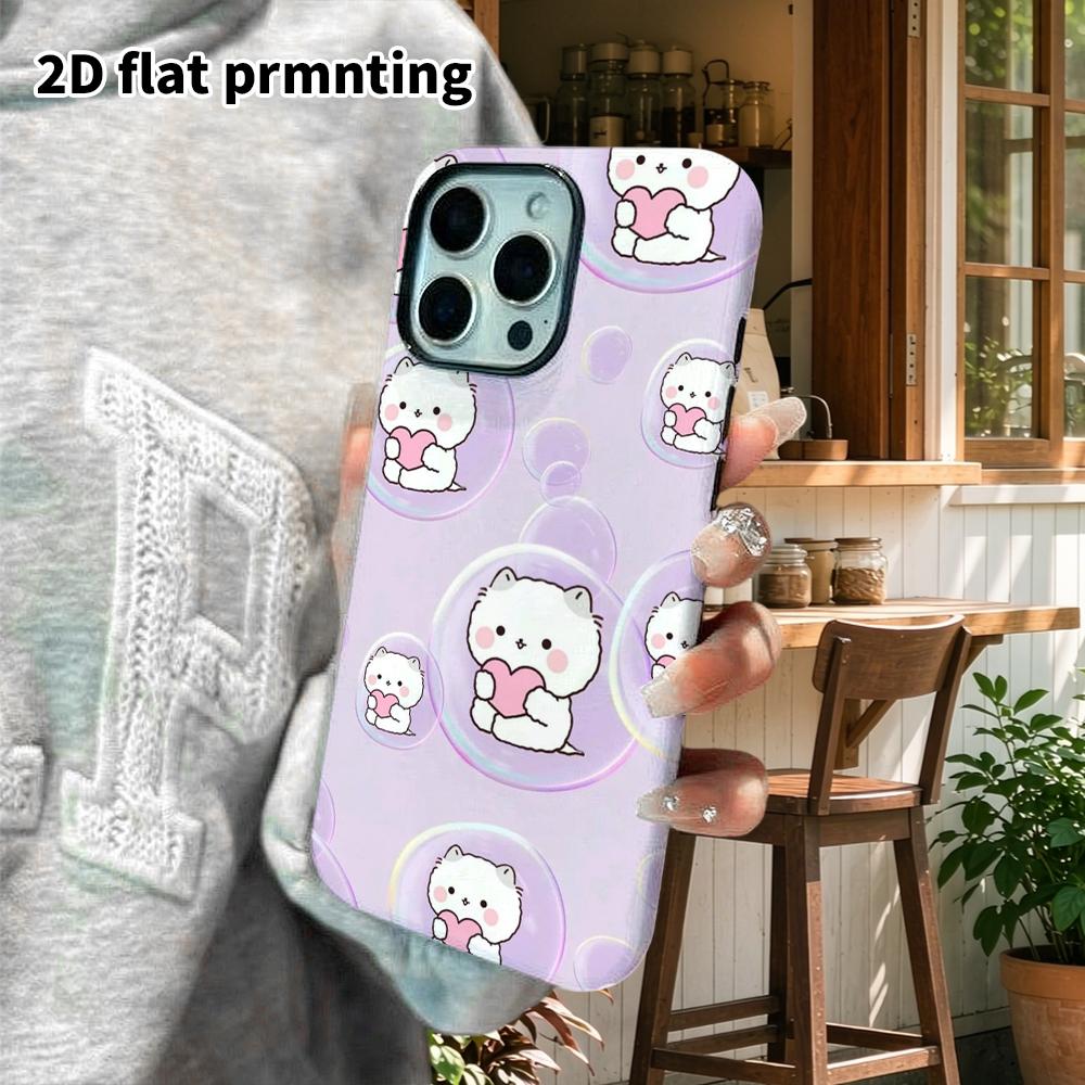Phone Case: 2D Flat Design Suitable for iPhone 18, 17, 16, 15, 14, 13 Pro Film Protection Case, Couple Style, Bubble White Cat, Christmas and Hallowee