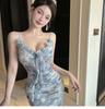 Elegant Slim-Fit V-Neck Mesh Print Camisole Dress