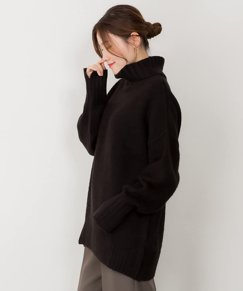 Side Slit Black [atONE] ATN-0026 Off-Neck Sweater, Women's, M-L,