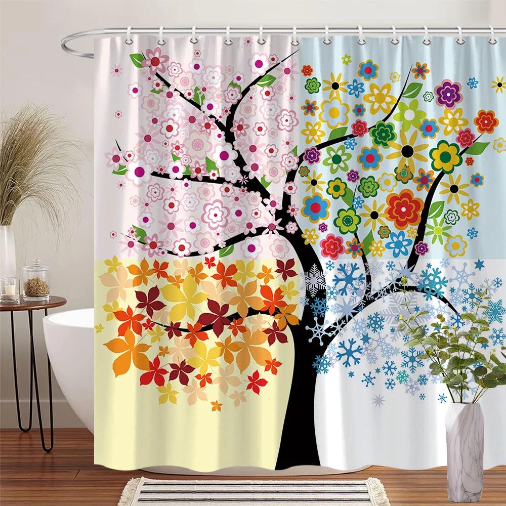 

Four Seasons Tree Shower Curtain - Spring To Winter Designs,12 Hooks, Washable Polyester, Abstract Floral Bath Decor W60H190(CM)-1 Pcs