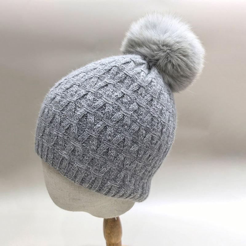 Women'S Winter Knitted Beanie Hat With Soft Rabbit Fur Lining & Fluffy Fox Fur Pompom - Warm Thick Skull Cap  New