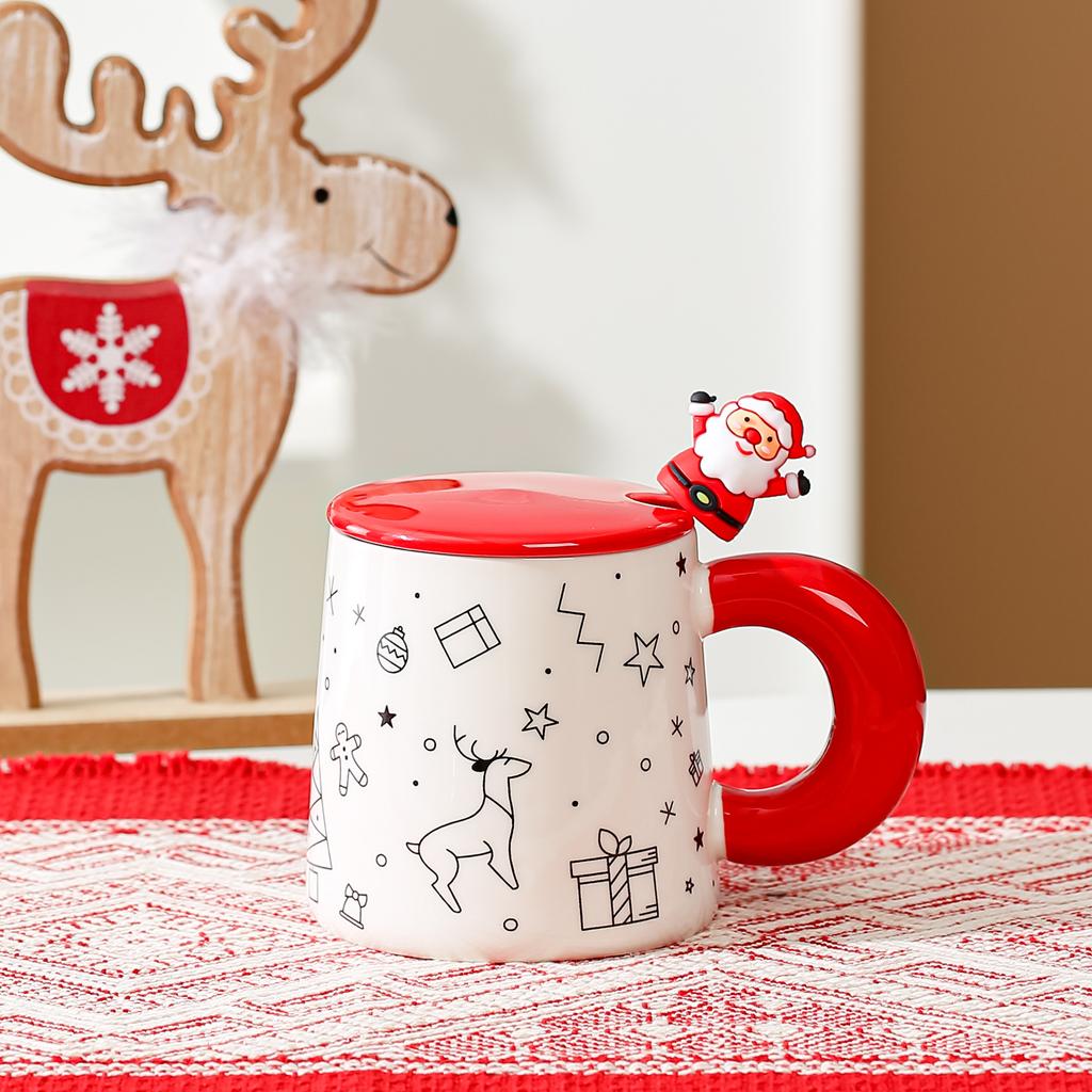 Christmas creative contrasting color cartoon ceramic cup Santa mug student gift water cup with lid spoon cup