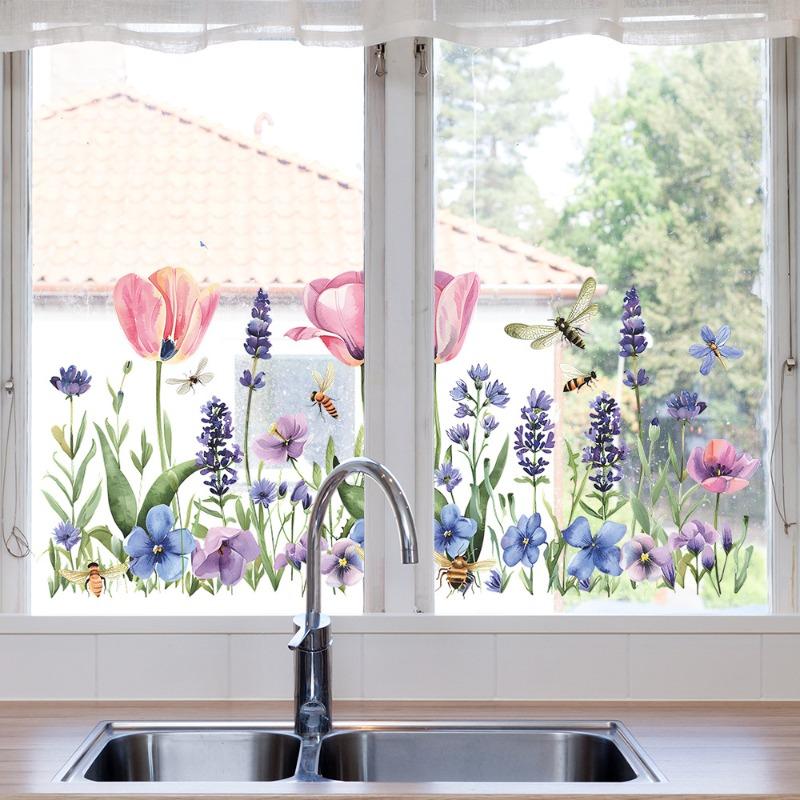 Spring Flowers Window Stickers Glass Static Sticker for Bedroom Living Room Decor Art Decals Kids Girl's Room Decoration Mural