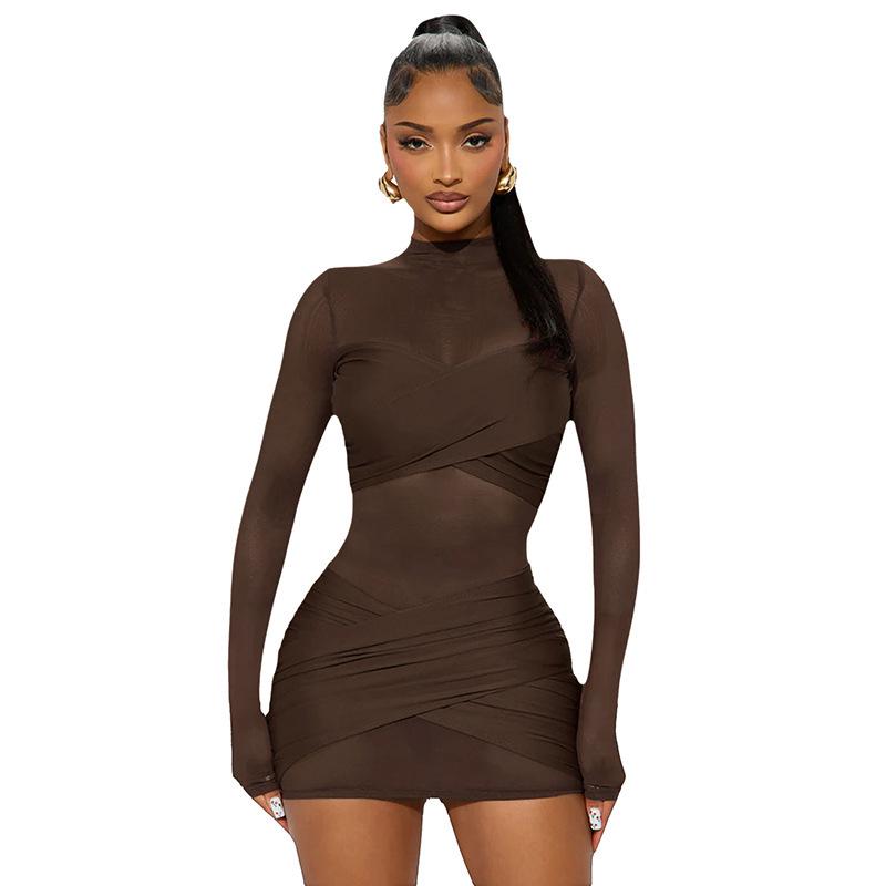 Europäischer & Amerikanischer Stil Damen Herbst/Winter Einfarbige Sexy Mesh-Einsätze Langarm Kurzkleid