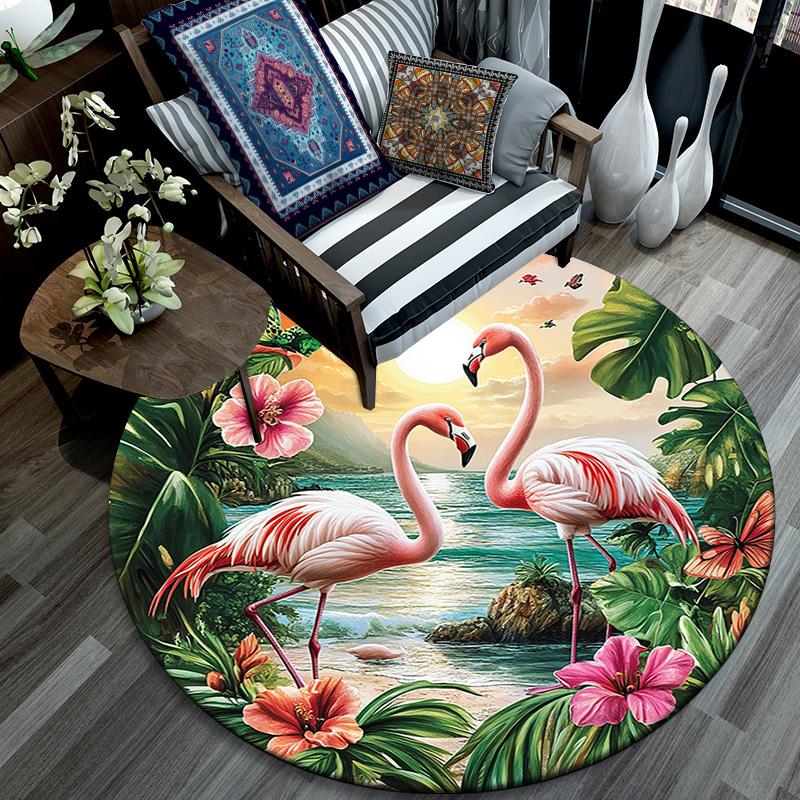 Flamingos Sunset Beach Round Area Rug,Carpet Rug for Living Room Bedroom Sofa Playroom Decor,Non-slip Floor Mat