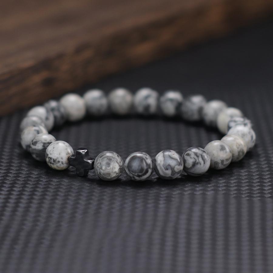Minimalist Cross Bracelet Men 8mm Natural Tiger Eyes Lava Hematite Stone Healing Braslet Bangle Leisure Versatile Accessories