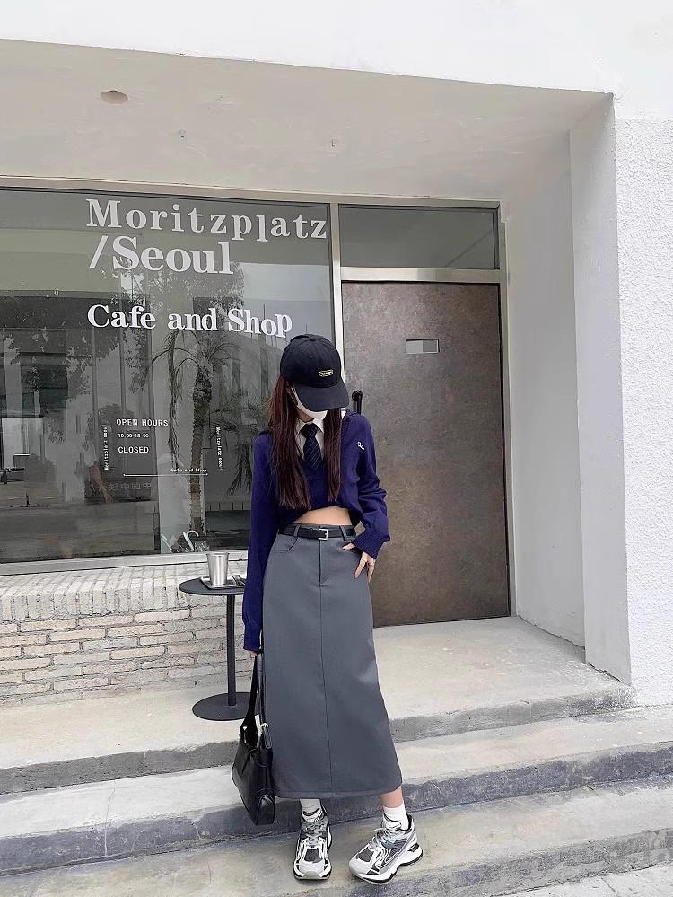 Gray High-Waist Slim Straight Skirt for Women - Versatile Retro Mid-Length Spring/Summer Hip Skirt
