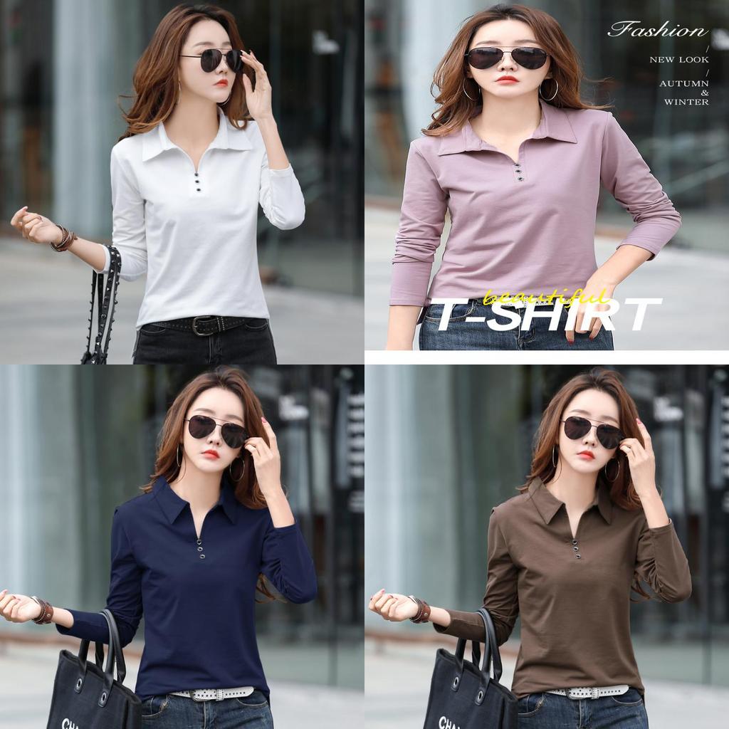 Elegant Long Sleeve Polo T Shirt For Women With Spliced Design Made Of Cotton And Spandex For Office Wear
