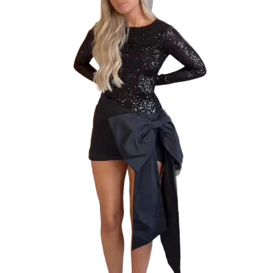 European and American women's long-sleeved dress round neck sequined splicing fashion bow short song