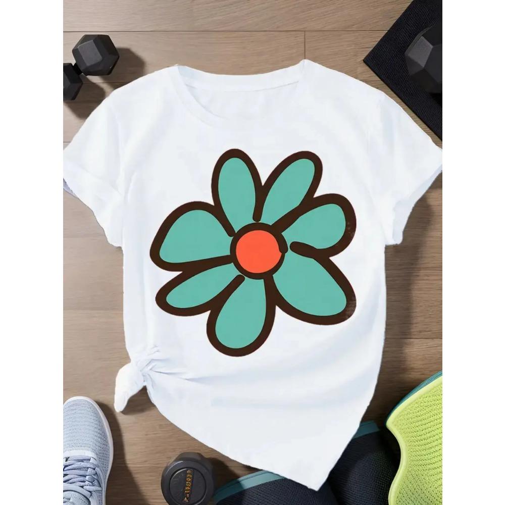 Large Floral Pattern Printed Summer Womens Top Short Sleeved Casual Round Neck Tshirt Summer Fashion Comfort Womens Clothing