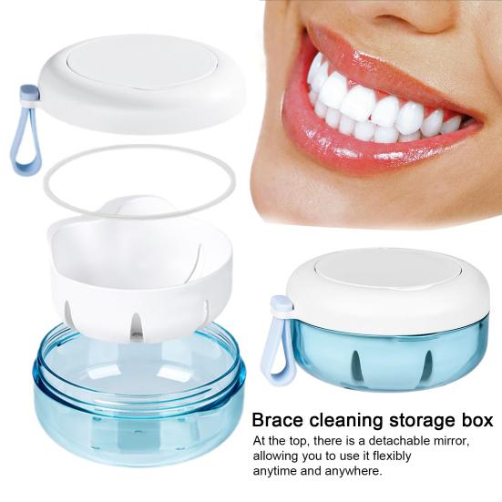 Retainer Case with Mirror Portable Soaking Denture Bath Box with Strainer Basket Invisible Brace Mouth Guard Dental Aligner Container Holder