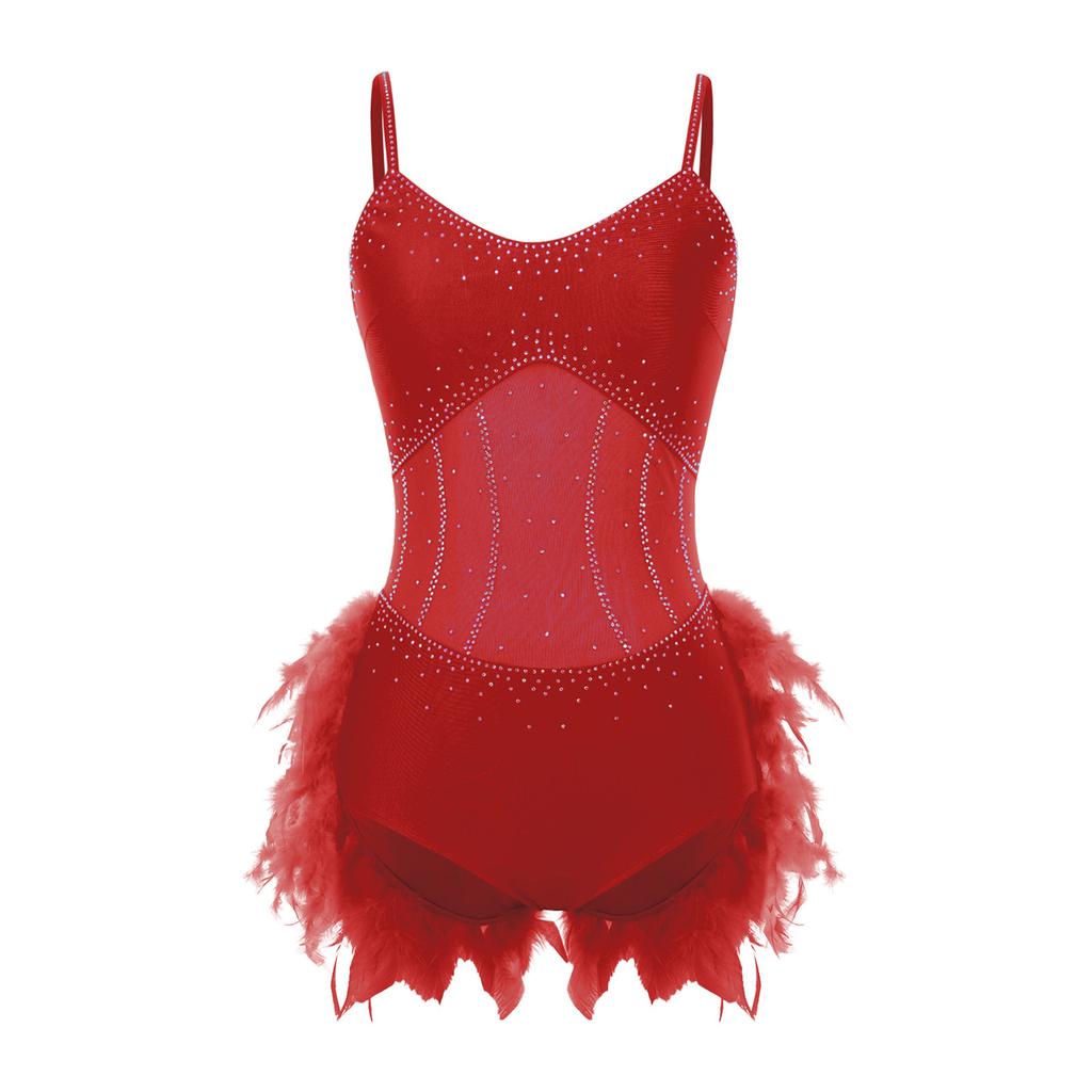 Womens Latin Dance Leotard Fuzzy Feather Skirt