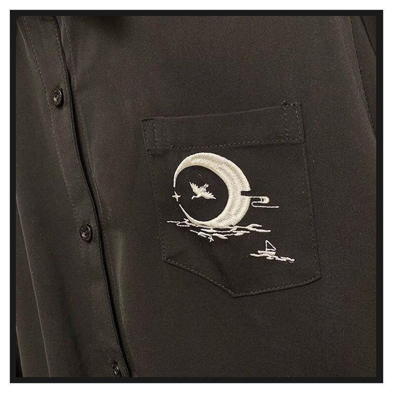 Women's Long Sleeve Embroidered Crane School-Style Shirt