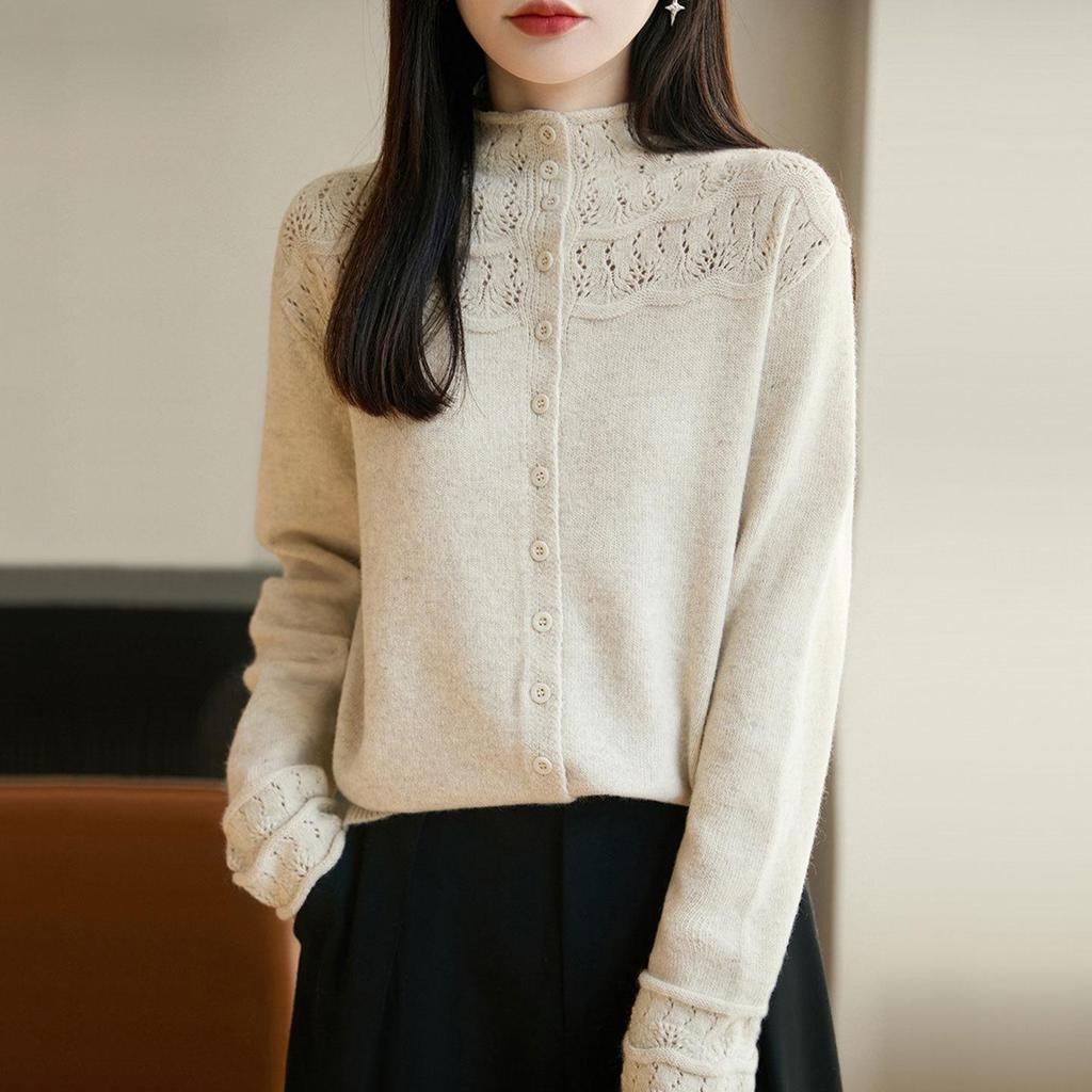 Pink Hollow Out Half-High Neck Cardigan Sweater - Women's Loose Fit Autumn/Winter Fashionable Outerwear