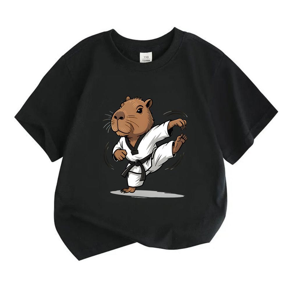 Kids Boys Girls 100% Cotton Crew Neck Short Sleeve T-Shirt, Funny Capybara Taekwondo Karate Martial Arts Cartoon Print Casual Cute Tee for Children Da