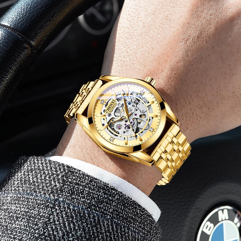 Men's Stainless Steel Round Open Heart Watch Stylish Accessory, Popular Fashion, Formal Business, Gift for Anniversary, Birthday - Gold