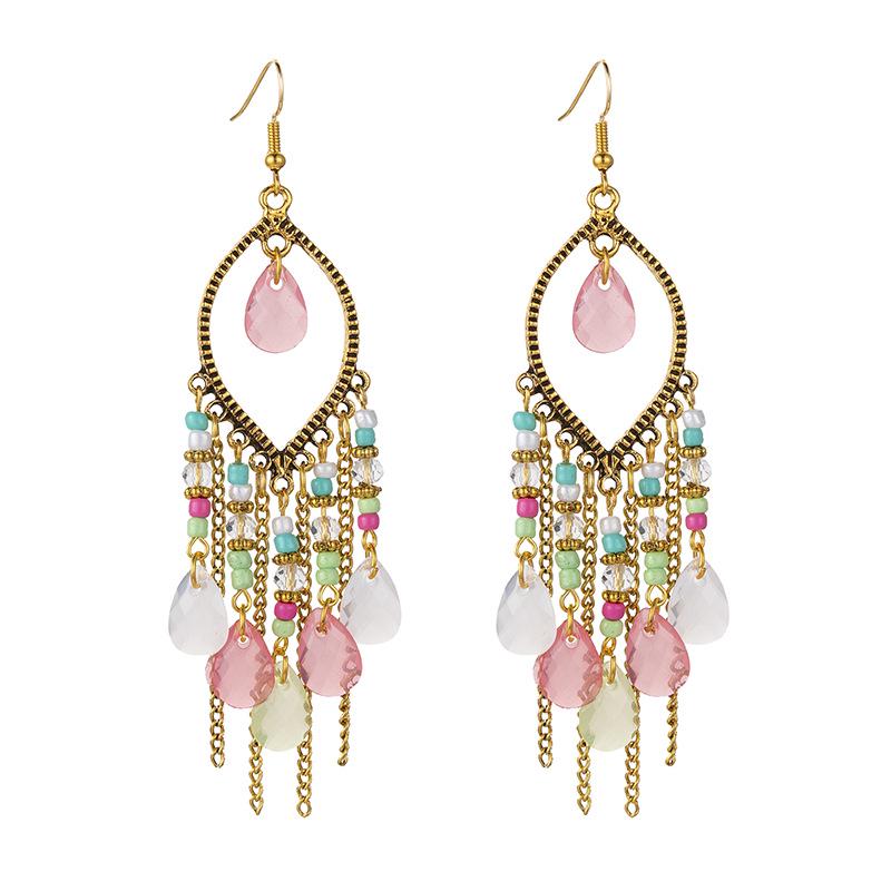 Bohemian Cross-Border Handmade Water Drop Rice Bead Tassel Earrings for Travel Photography