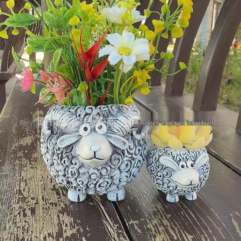 Bedårande sittande stor mage blomkruka skulptur för trädgård eller gräsmatta