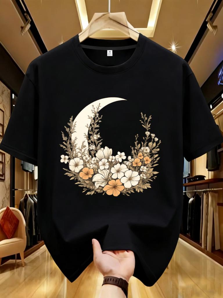 Wzm102178moon Print Plus Size Unisexs Round Neck Summer Casual Short Sleeved Street Fashion Versatile Plus Size Tshirt