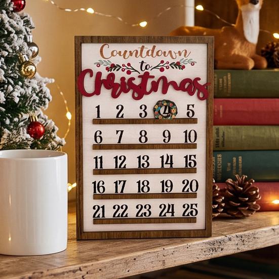 Artistic Window Decoration Wooden Christmas Countdown Calendar, 25 Days Advent Calendar Sign with Natural Poplar Wood Craft Movable Wreath Marker,