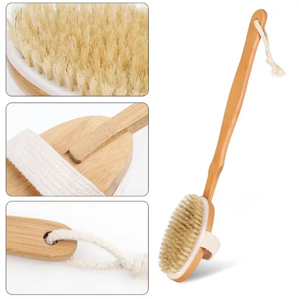 Natural Bristle Body SPA Brush for Wet and Dry Skin, Soft Bath Massager for Home Use