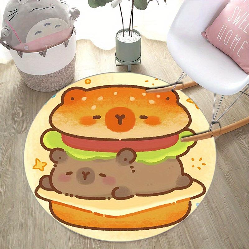 Soft Pastel Cartoon Animal Burger Printed Round Carpet, Kawaii Style Anti-slip Rug for Entryway Nursery Baby Bedroom Floor