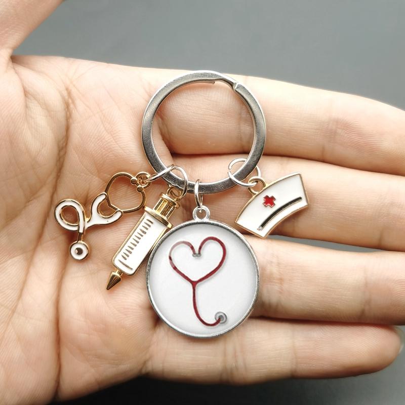 Paint Fashion Creative Nurse Medical Syringe Stethoscope Image Keychain Glass Suitable Nurses and Doctors Key Ring Pendant Gift