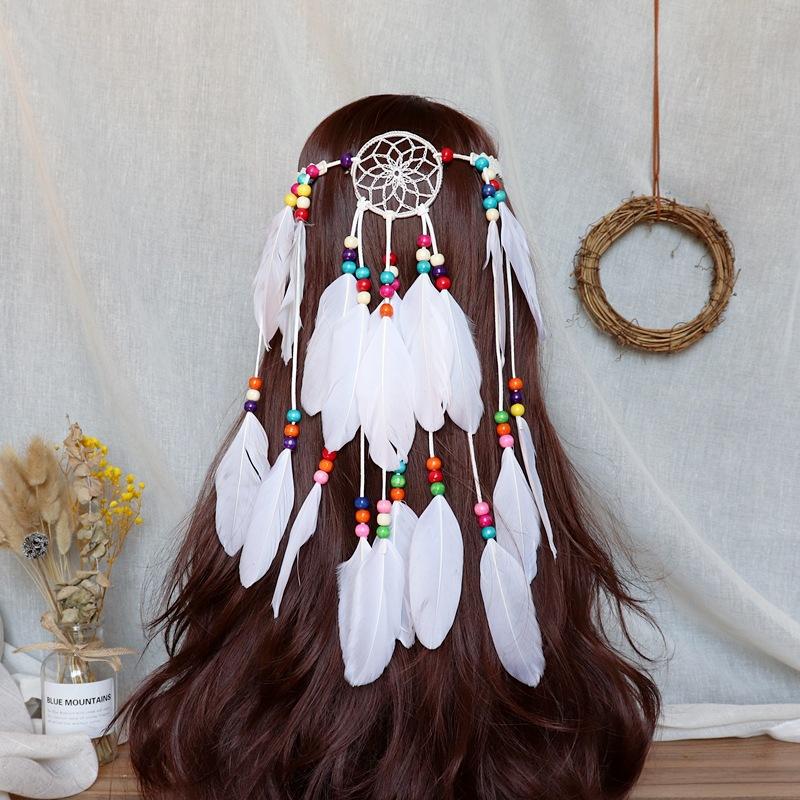 

Богемная длинная повязка на голову с перьями и бахромой, женский ретро головной убор с ловцом снов, для путешествий, отпуска, линии роста волос