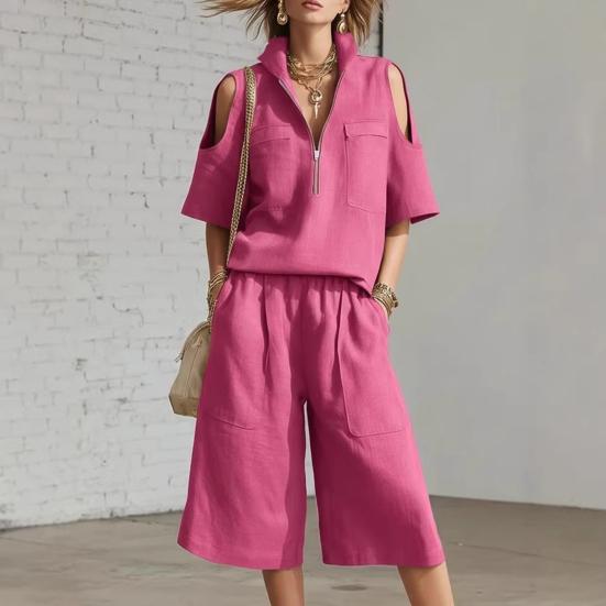 Two Piece Sweatsuit for Women Casual Half Zipper Short Sleeve Tops And Shorts Tracksuits Summer Lounge Outfits with Pockets