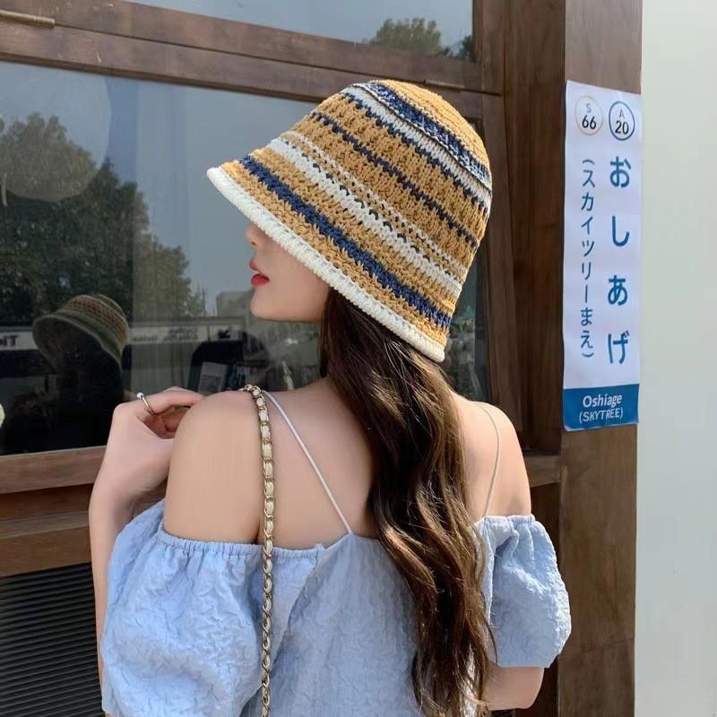Knitted Hollow Fashionable Fisherman Hat With Color Splicing Design Daily For
