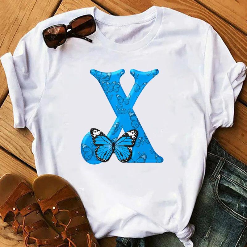 26 English Letters Butterfly Print Tshirt Short Sleeve Women Tops Graphic Harajuku Harajuku Sleeve Casual Aesthetic Clothes