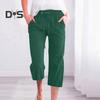 Women Cropped Pants Mid-rise Elastic Waist Adjustable Drawstring Casual Pants with Pockets Loose Fit Summer Pants