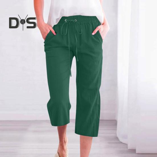 Women Cropped Pants Mid-rise Elastic Waist Adjustable Drawstring Casual Pants with Pockets Loose Fit Summer Pants