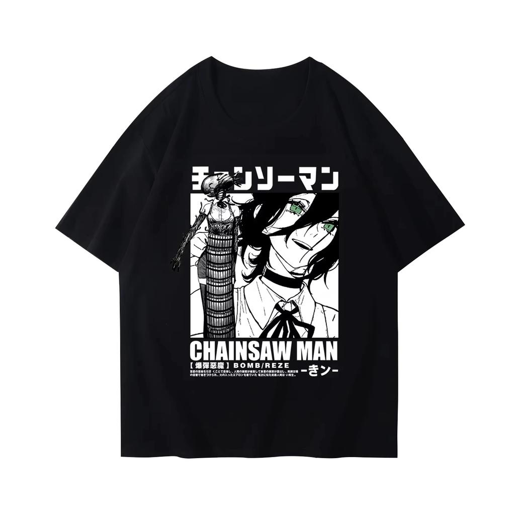 2025 Sommer Anime Japanische Kettensägenbombe Teufel Reze Druck Herren T-Shirt 100% Baumwolle Outdoor Sport Party Lässig Straße Kurzarm