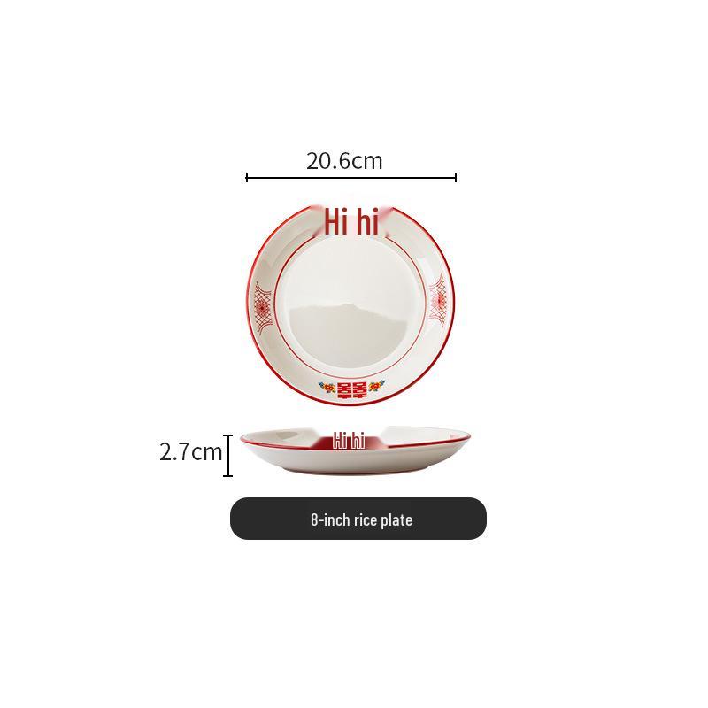 Set di Piatto Rotondo Rosso Ceramica Retrò Doppia Felicità - Piatto Basso, Piatto Piatto, Piatto per Hot Pot, Piatto per Carne, Piatto per Salsa e Piatto per Pesce per Tavola da Ristorante.