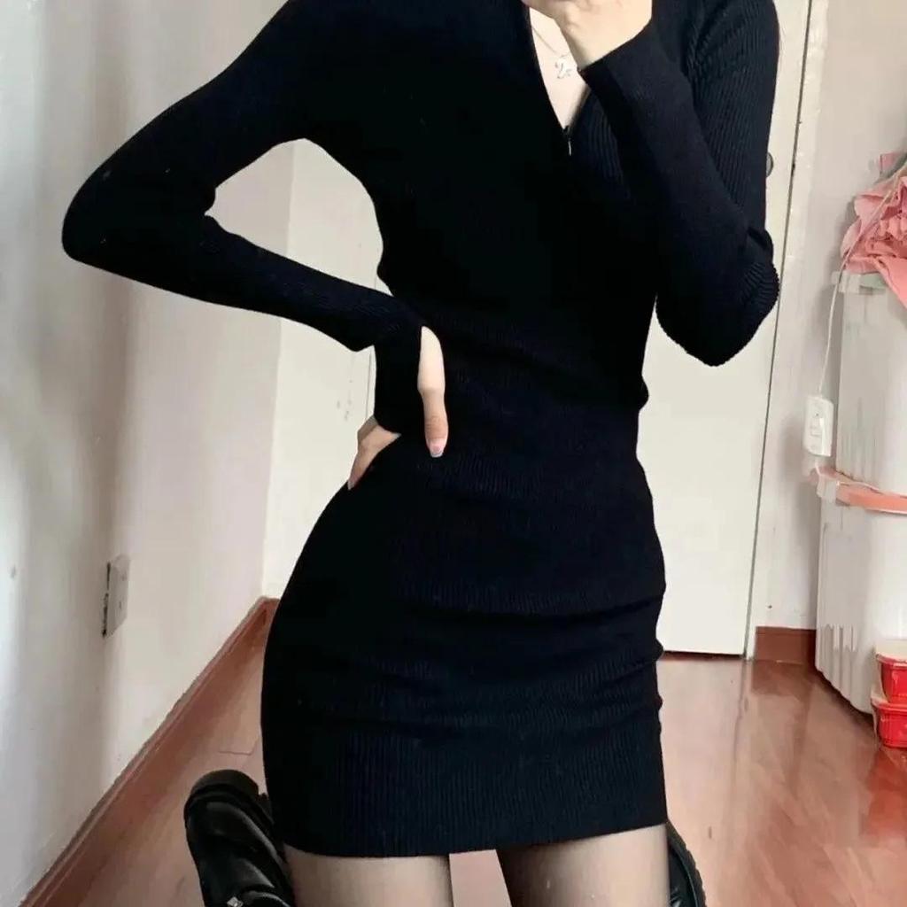 Black Tight Long Sleeve Zipper Dress - Sexy Slim Fit for Autumn and Winter